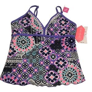 Free country tankini swimsuit bathing top pink purple boho print girls youth 16